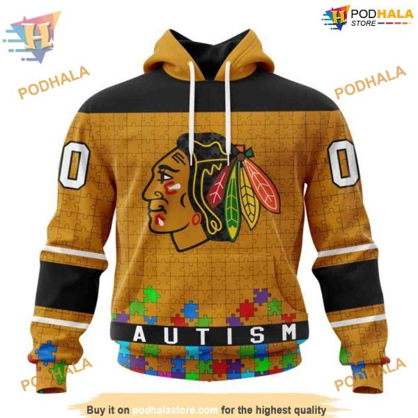 Custom Unisex Hockey Fights Against Autism NHL Chicago Blackhawks Hoodie 3D