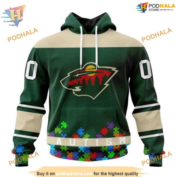 Custom Unisex Hockey Fights Against Autism NHL Minnesota Wild Hoodie 3D