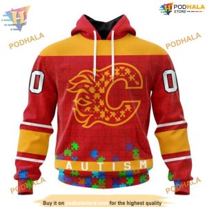 Custom Unisex Kits Hockey Fights Against Autism NHL Calgary Flames Hoodie 3D