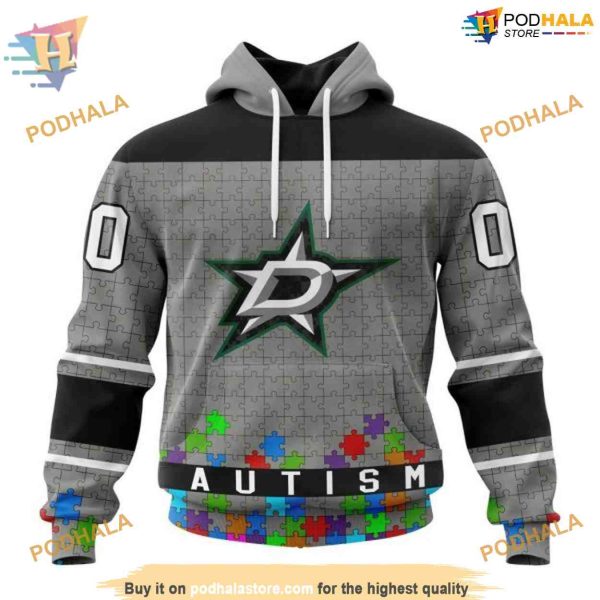 Custom Unisex Kits Hockey Fights Against Autism NHL Dallas Stars Hoodie 3D