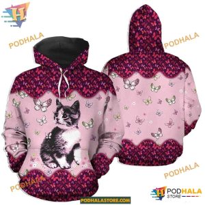 Cute Cat Butterfly Pattern On Pink Unisex Print All 3D Christmas Hoodie