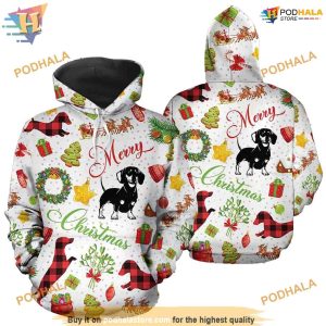 Dachshund Merry Pattern On White Funny Christmas Hoodie