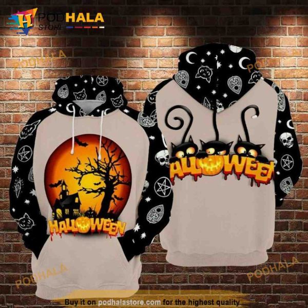 Doodle Halloween Cat Theme Over Print 3D Hoodie Sweatshirt