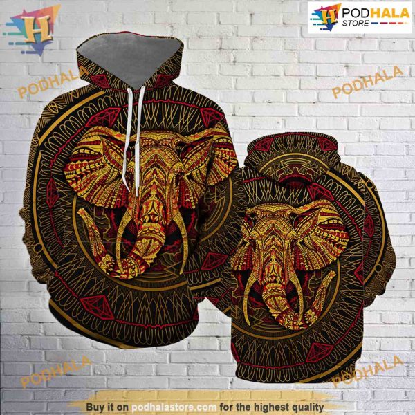 Elephant Mandala Red and Yellow All Over Printed 3D Hoodie Sweatshirt