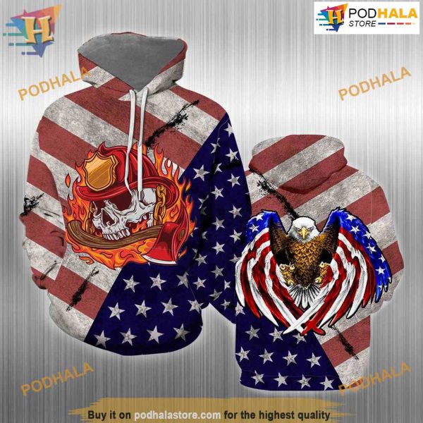 Fire Fighter Skull Eagle Flag All Over Printed 3D Hoodie Sweatshirt