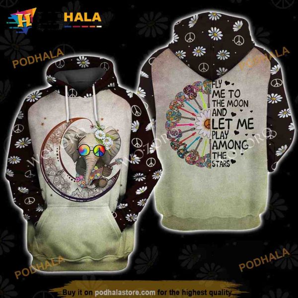 Fly Me To The Moon Elephant Hippie 3D Hoodie Sweatshirt