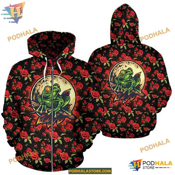 Frog Rose Garden Pattern Red Unisex Print All 3D Christmas Hoodie