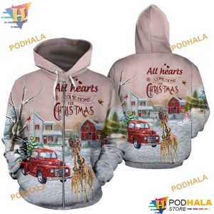 Giraffe And Red Truck Funny Christmas Hoodie