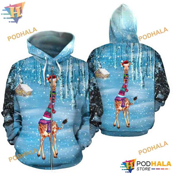 Giraffe Snow Blue Funny Christmas Hoodie