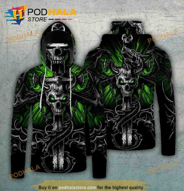 Green Skull Skeleton Mask All Over Printed Halloween 3D Hoodie