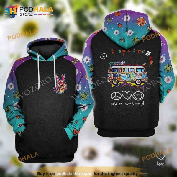 Hippie Time Peace Love World Car 3D Hoodie Sweatshirt