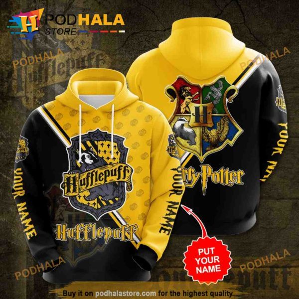 Hufflepuff Hogwarts School Harry Potter Custom Name 3D Hoodie All Over Printed