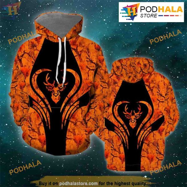 Hunting – Deer Camo Orange Full Over Printed Unisex 3D Hoodie