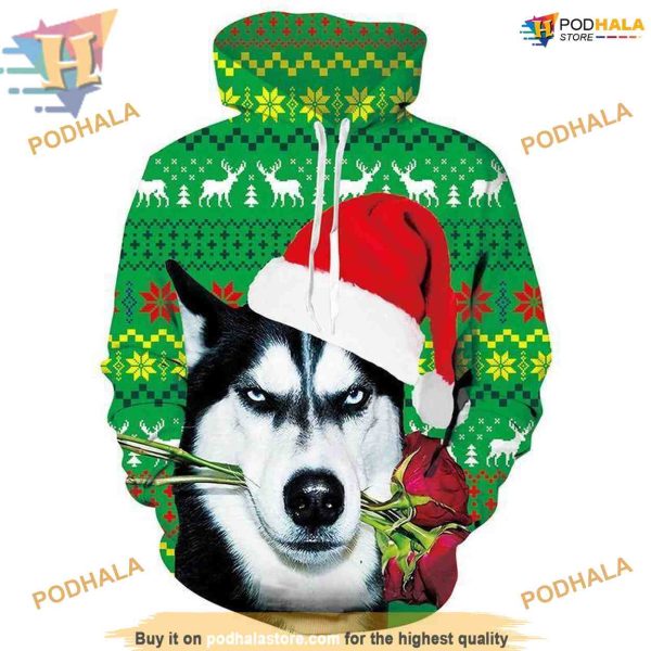 Huskey Dog Graphic Xmas 3D Hoodie Sweatshirt