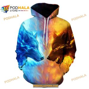 Ice And Fire Wolves Facing 3D Hoodie Sweatshirt Shirt