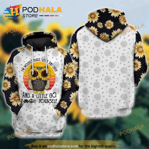 I’m Mostly Peace Love And Light Sunflower Owl Hippie 3D Hoodie