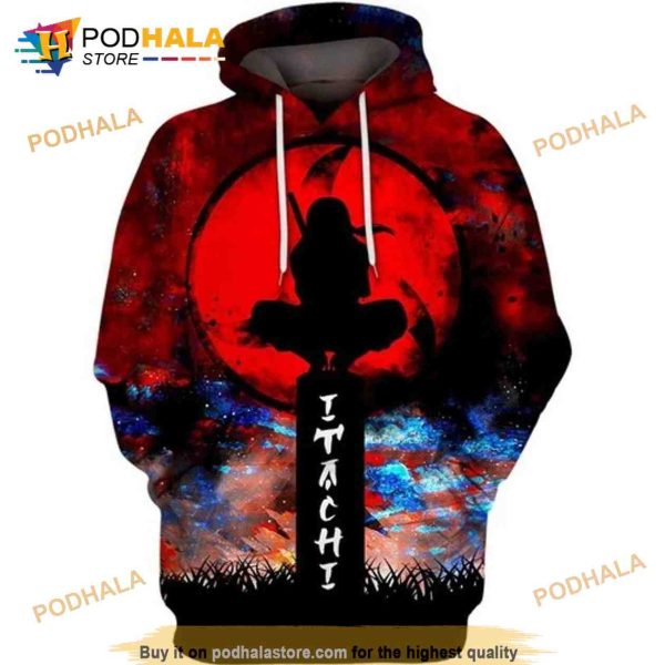 Itachi Blood Moon Naruto Anime All Over Printing 3D Hoodie