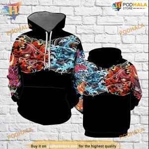 Japan Mask Fire And Water All Over Printed 3D Hoodie Sweatshirt