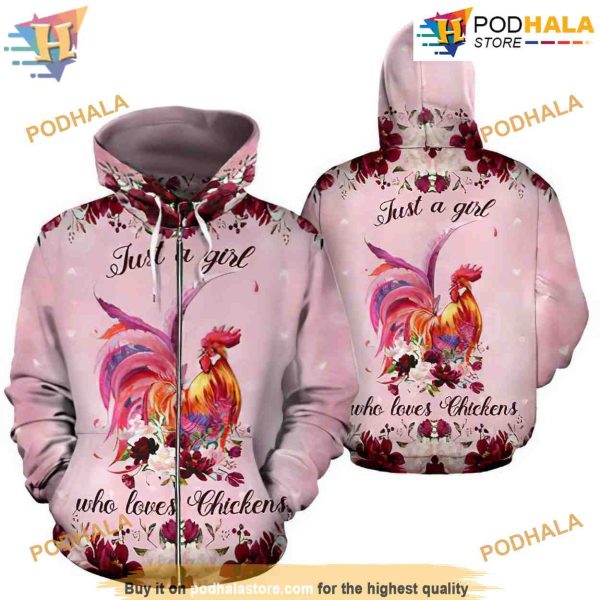 Just A Girls Who Love Chickens Flower Pink Unisex 3D Funny Hoodie Christmas