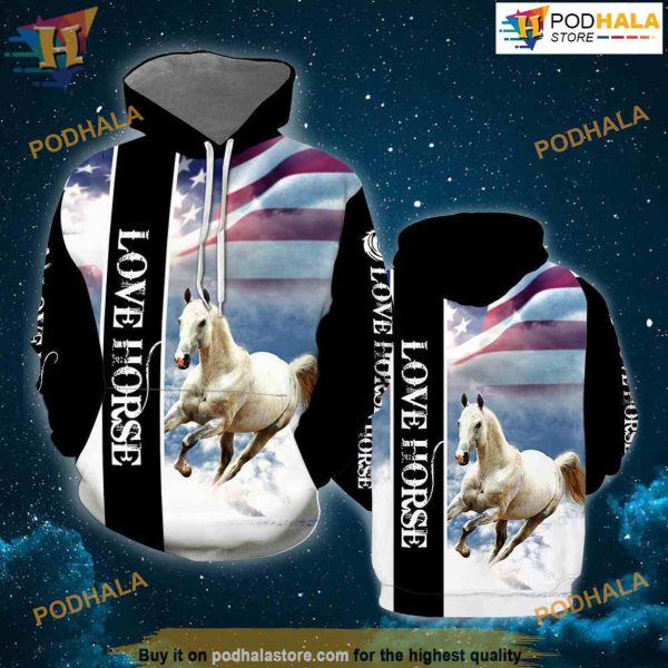 Love Horse American Flag All Over Printed 3D Hoodie Sweatshirt