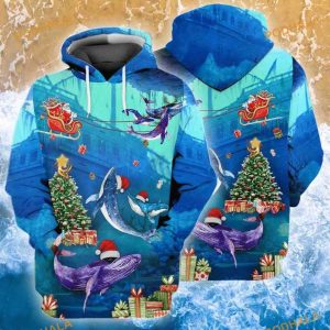 Merry Christmas Santa Claus With Whales Ocean Gift 3D Hoodie