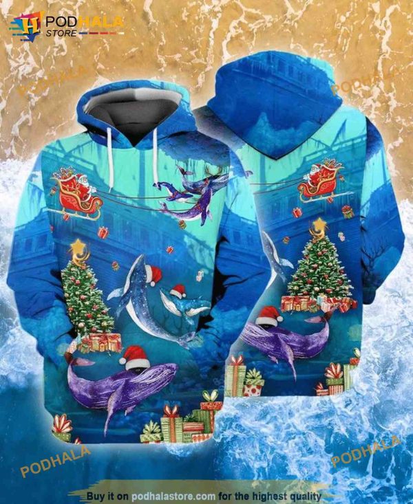 Merry Christmas Santa Claus With Whales Ocean Gift 3D Hoodie