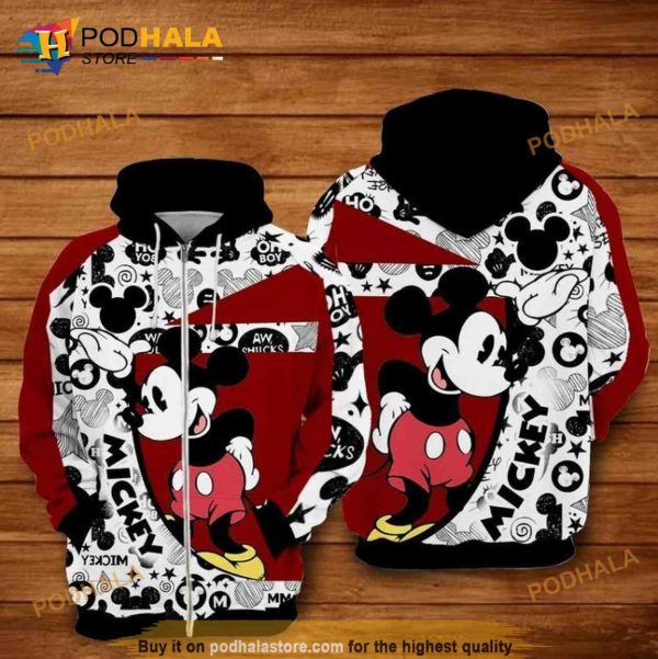 Mickey Doodle Red Black Over Print 3D Hoodie Sweatshirt