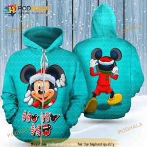 Mickey Peeking Light Blue Santa Christmas Ho Ho Ho 3D Hoodie Sweatshirt