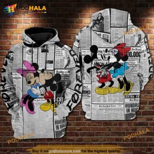 Newspaper Mickey And Minnie Over Print 3D Hoodie