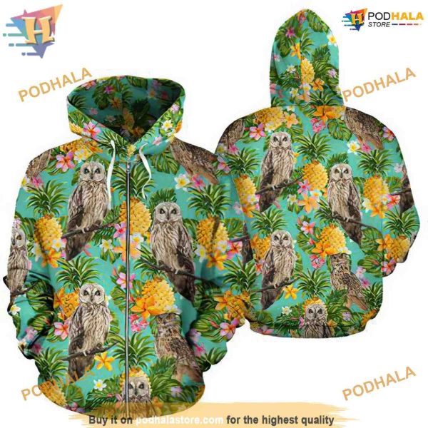 Owl Tropical Pineapple Pattern Green Unisex 3D Christmas Hoodie Sweatshirt