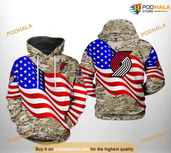 Portland Trailblazers NBA US Flag Camo Veteran Team NBA Hoodie 3D