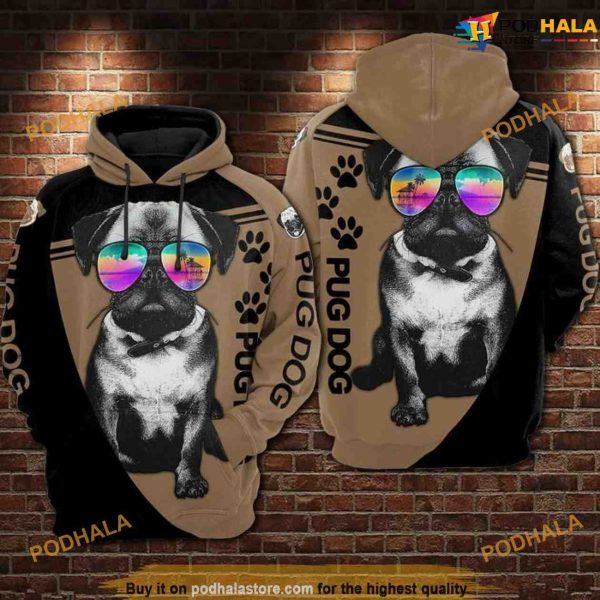 Pug Dog Brown Over Print 3D Funny Christmas Hoodie