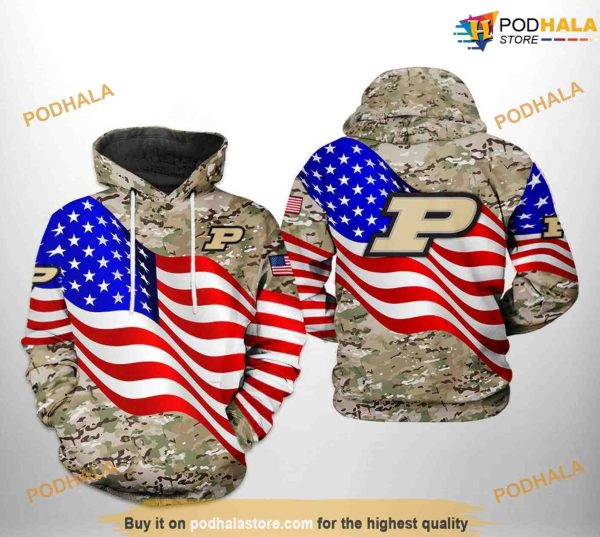 Purdue Boilermakers US Flag Camo Veteran NCAA 3D Hoodie