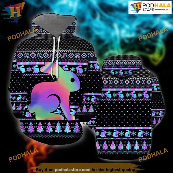 Rabbit Hologram Christmas All Over Printed 3D Hoodie Sweatshirt