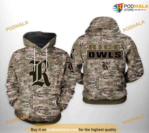 Rice Owls Camo Veteran NCAA 3D Hoodie