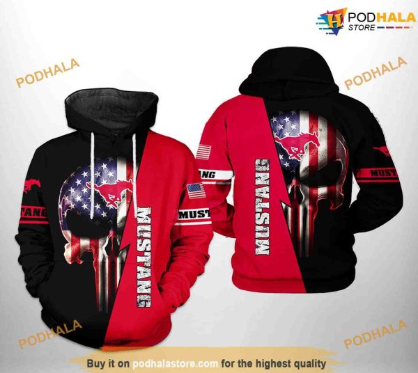 SMU Mustangs US Flag Skull NCAA 3D Hoodie