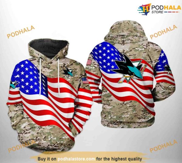 San Jose Sharks NHL US FLag Camo Veteran NHL Hoodie 3D