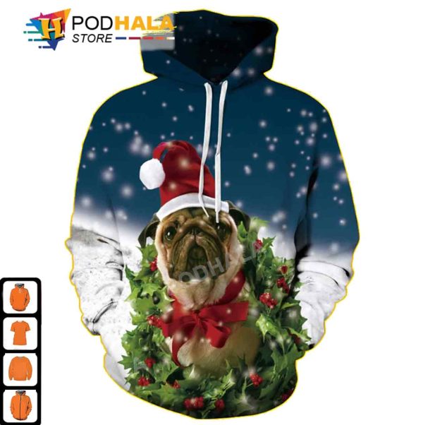 Santa Hat Pug Dog Christmas AOP 3D Hoodie