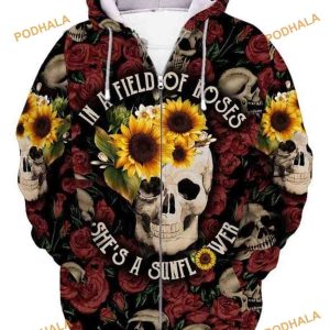 Skull In A Field Of Roses Shes A Sunflower 3D T Shirt Halloween Hoodie