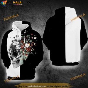 Skull Roses Black And White Over Print Halloween 3D Hoodie