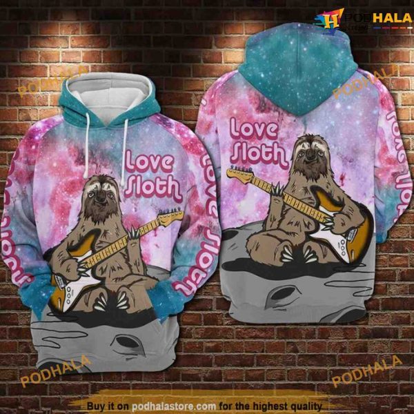 Sloth Playing Guitar Over Print 3D Funny Christmas Hoodie