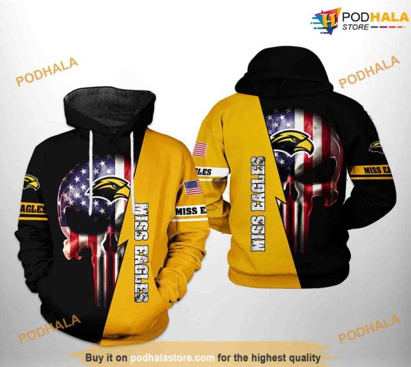 Southern Miss Golden Eagles US Flag Skull NCAA 3D Hoodie