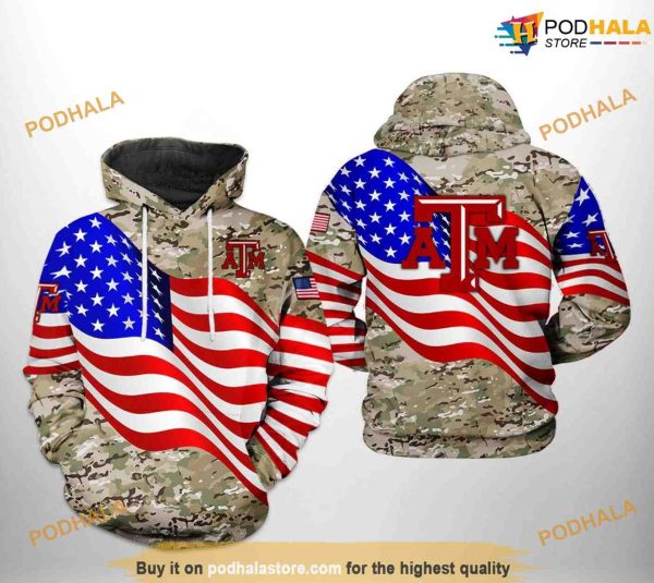 Texas A&M Aggies US Flag Camo Veteran NCAA 3D Hoodie