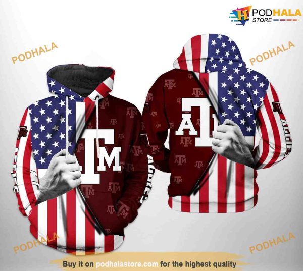 Texas A&M Aggies US Flag NCAA 3D Hoodie