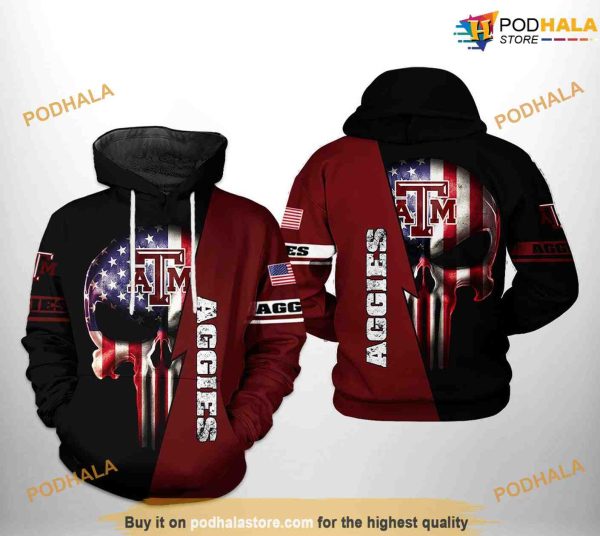 Texas A&M Aggies US Flag Skull NCAA 3D Hoodie