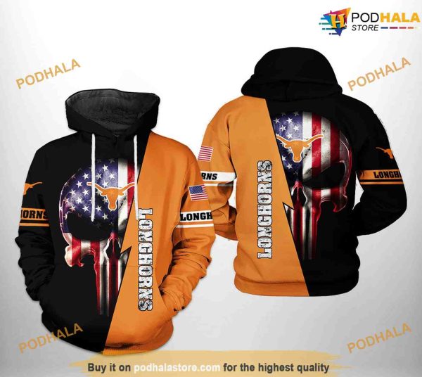 Texas Longhorns NCAA US Flag Skull 3D Funny Christmas Hoodie