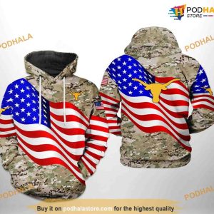 Texas Longhorns US Flag Camo Veteran NCAA 3D Hoodie