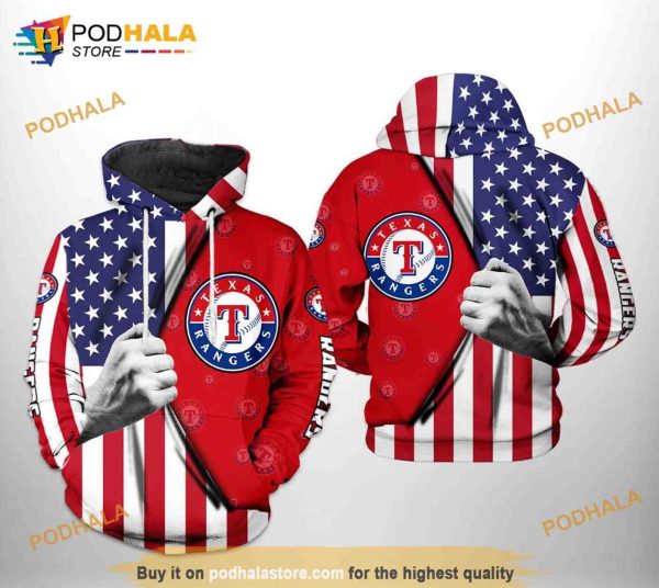 Texas Rangers MLB US Flag 3D Hoodie