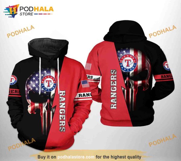 Texas Rangers MLB US Flag Skull 3D Hoodie