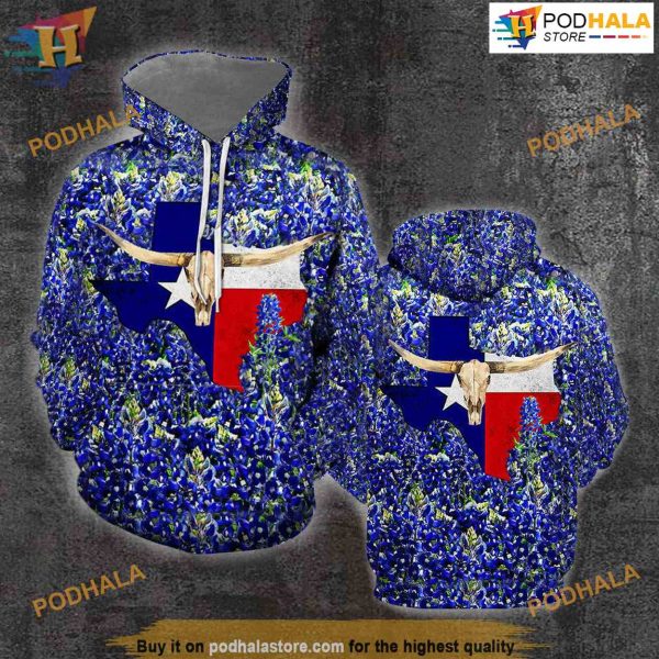 Texas Skull Bluebonnet All Over Printed 3D Hoodie Sweatshirt